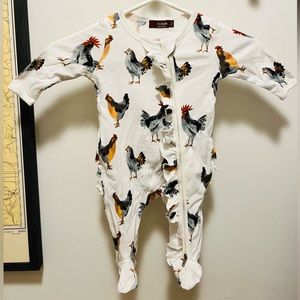 Footie / romper with chicken pattern and ruffles NWOT